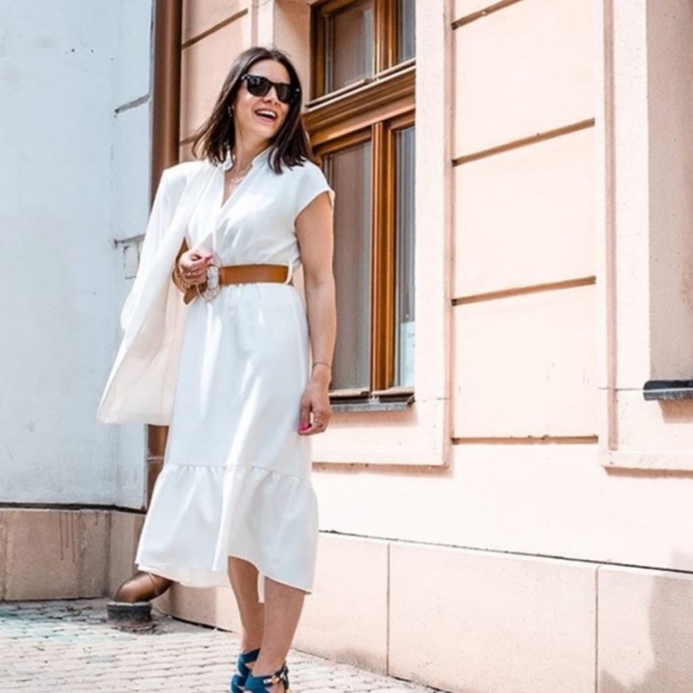 Women’s White V-Neck Midi Dress with Ruffle Hem